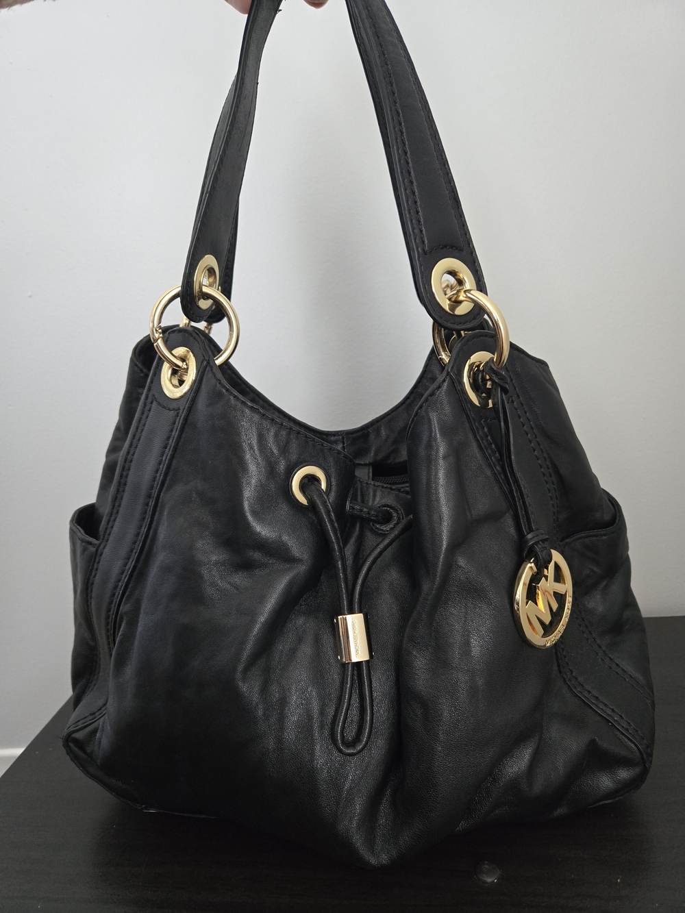 Michael Kors Black Leather Shoulder Bag with Gold Hardware